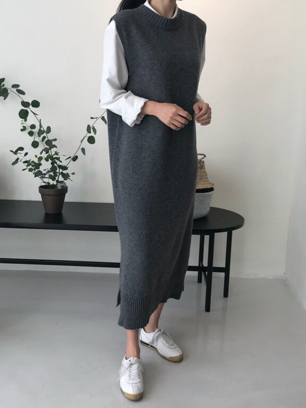 Urban Loose Sleeveless Color Round-neck Midi Dresses Sweater Dresses