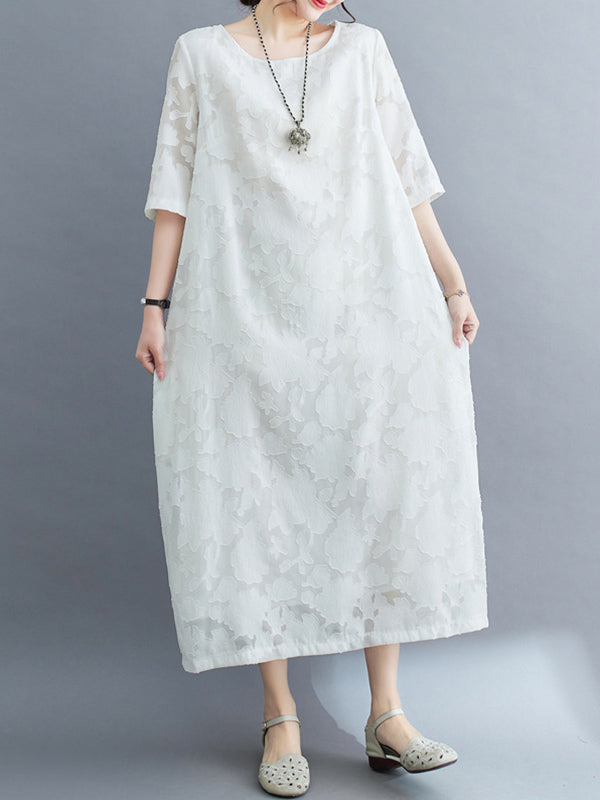 Loose Three-quarter Sleeves Jacquard See-through Color Round-neck Midi Dresses