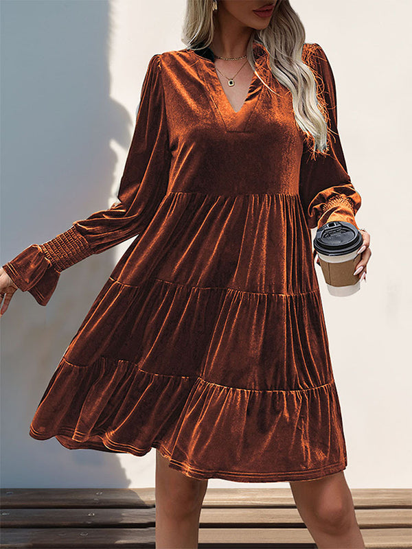 A-line Long Sleeves Pleated Color Velvet V-neck Mini Dresses