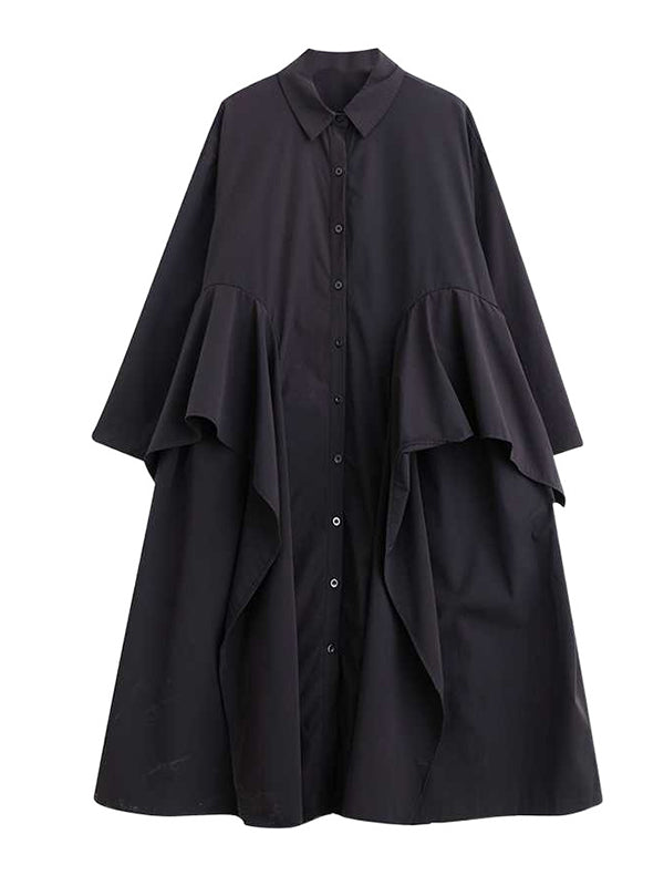 A-line Long Sleeves Buttoned Pockets Ruffle Trim Color Lapel Midi Dresses