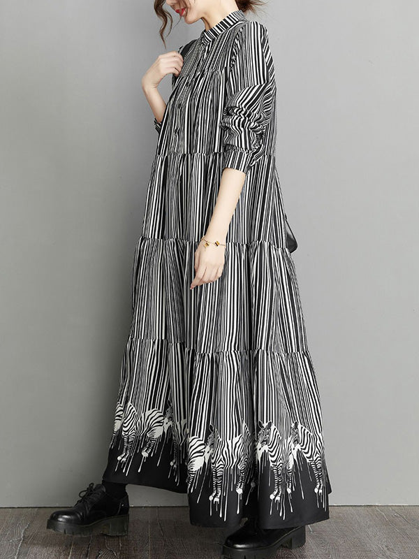 Loose Striped Buttoned Stand Collar Long Sleeves Midi Dress