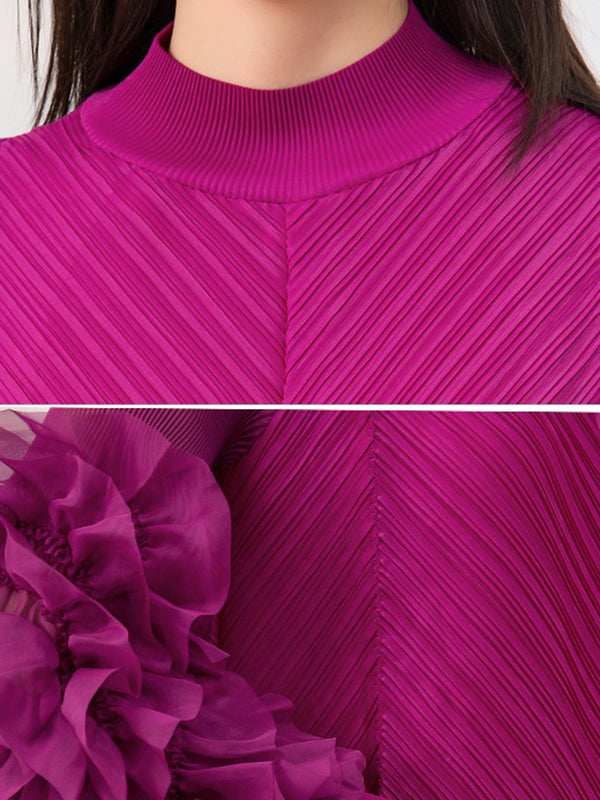 Long Sleeves Loose Embroidered Pleated Color Round-neck Midi Dresses