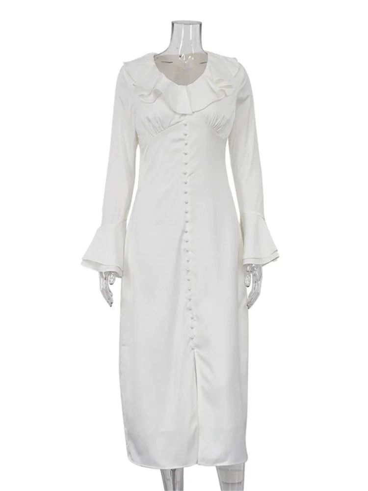 Ruffled for Long Dress V-neck Patchwork Long Sleeve Slim Party Dress Gown White Spring Maxi Dress