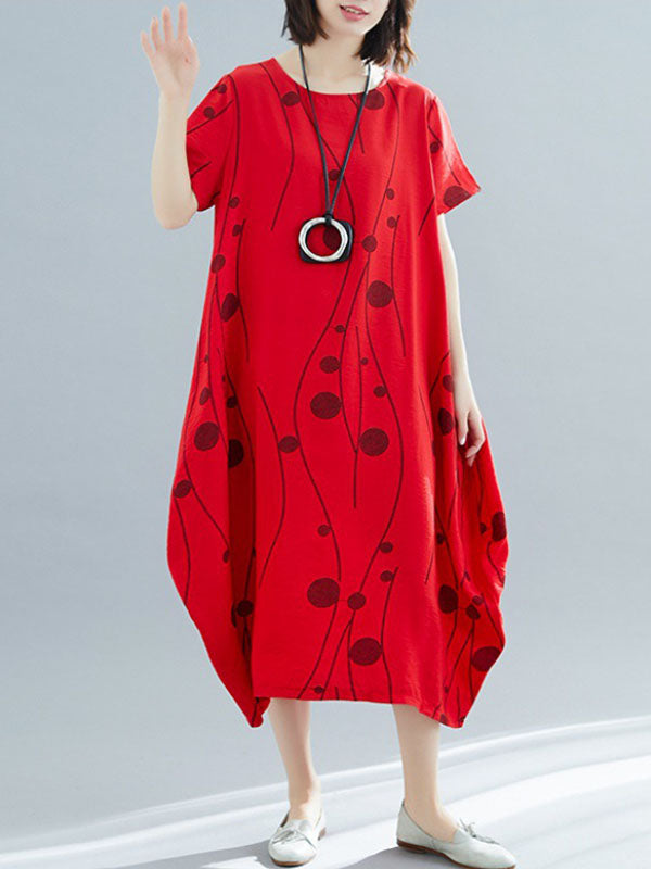 Loose Short Sleeves Printed Round-neck Midi Dresses