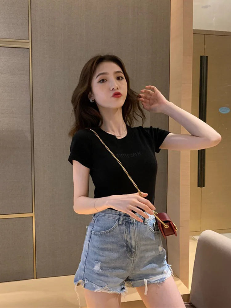 Short Sleeve Top Pure T-shirt Brand Letter Summer Embroidered Clothing Slim Cotton Pure Color Round Neck