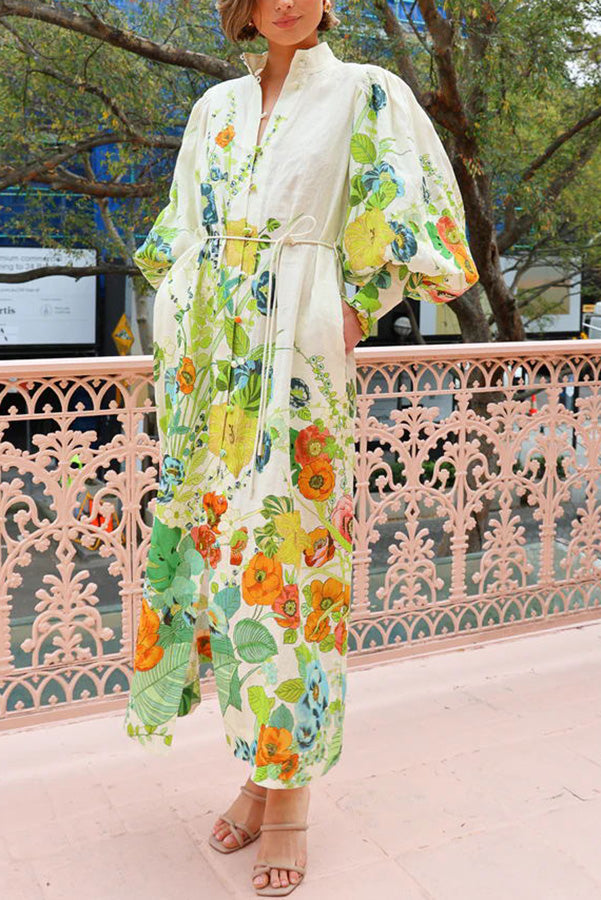 Summer Party Print Balloon Sleeve Pocketed Belt Shirt Midi Dress