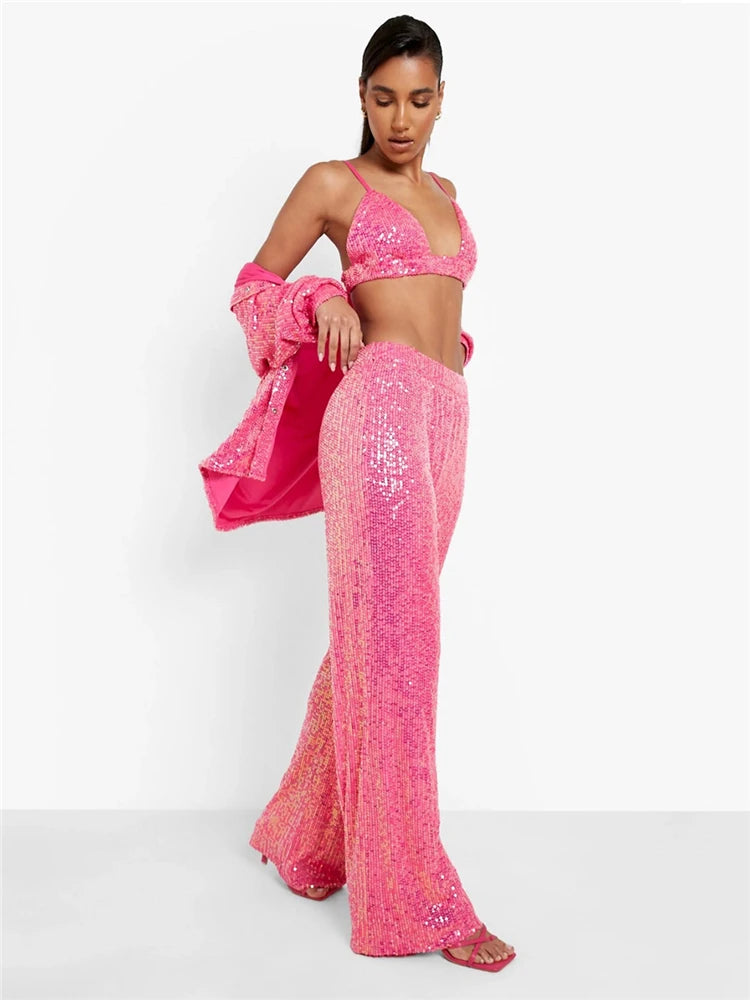 Sparkly Two-piece Set Party Outfits for Sequin Top Blouse Shirt and Pants Suit Female Evening Tracksuit New