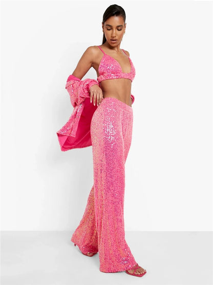 Sparkly Two-piece Set Party Outfits for Sequin Top Blouse Shirt and Pants Suit Female Evening Tracksuit New