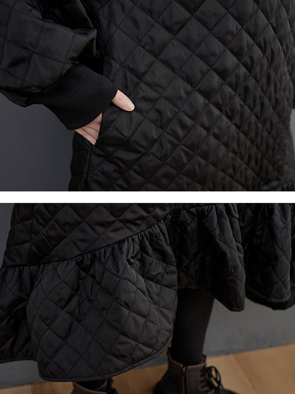 Long Sleeves A-line Rhombic Falbala High-neck Midi Dresses