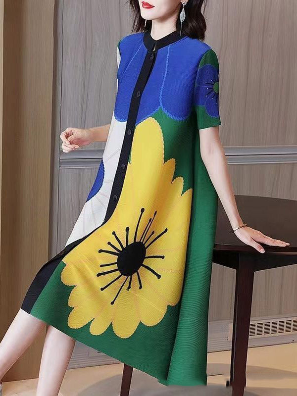 A-line Loose Buttoned Flower Print Pleated Round-neck Midi Dresses