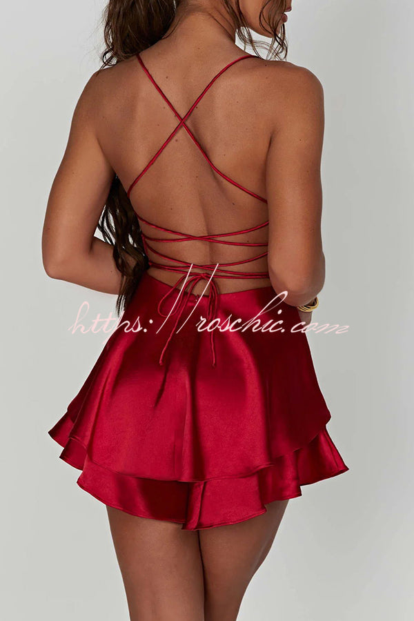 Ruffled Satin Strappy Satin Backless Lace Up Mini Dress