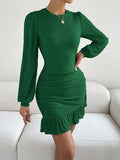 Bodycon Long Sleeves Pleated Ruffle Trim Color Split-joint Round-neck Mini Dresses