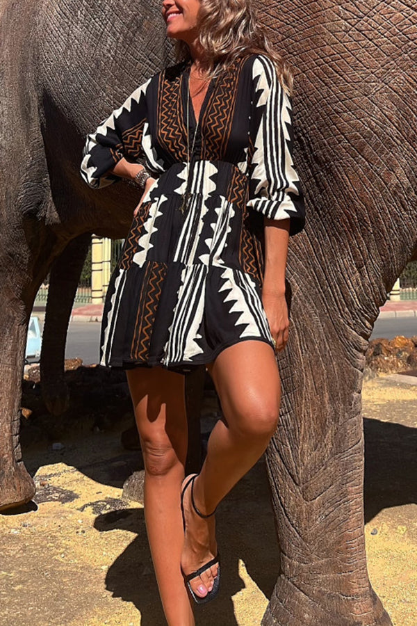 Print Elastic Waist Babydoll Mini Dress