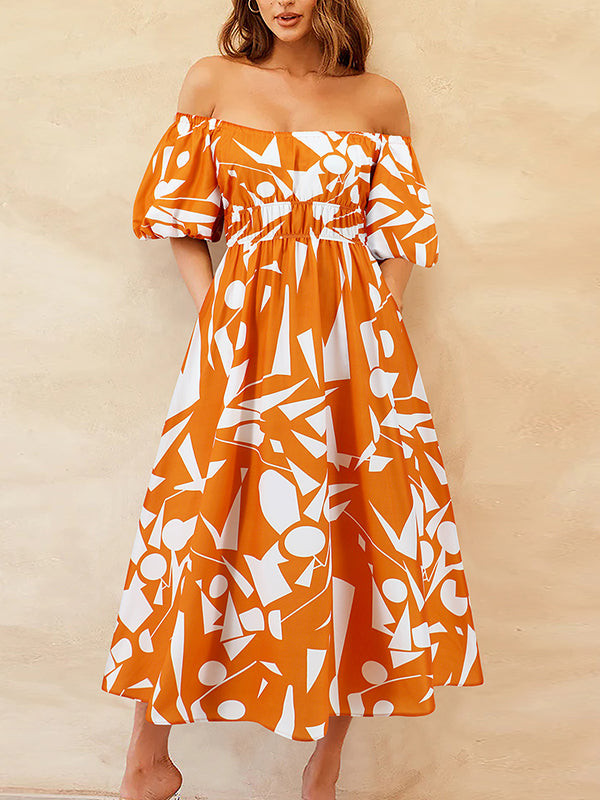 A-line Espadrilles Contrast Color Elasticity Pleated Pockets Printed Off-the-shoulder Midi Dresses