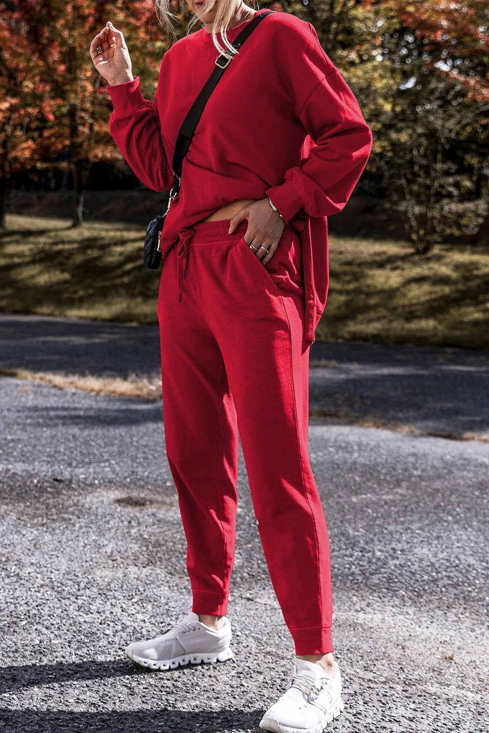 Racing Red Color High Low Pullover and Pants Set