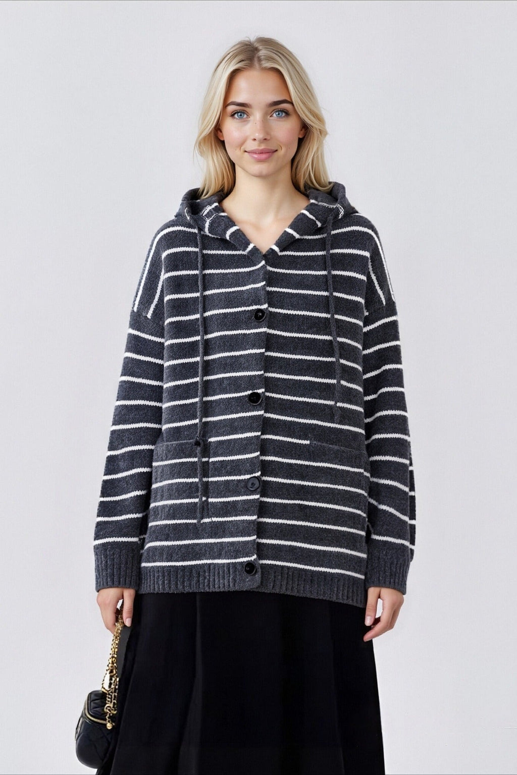 Stripe Hooded Retro Drawstring Pocket Knit Cardigan