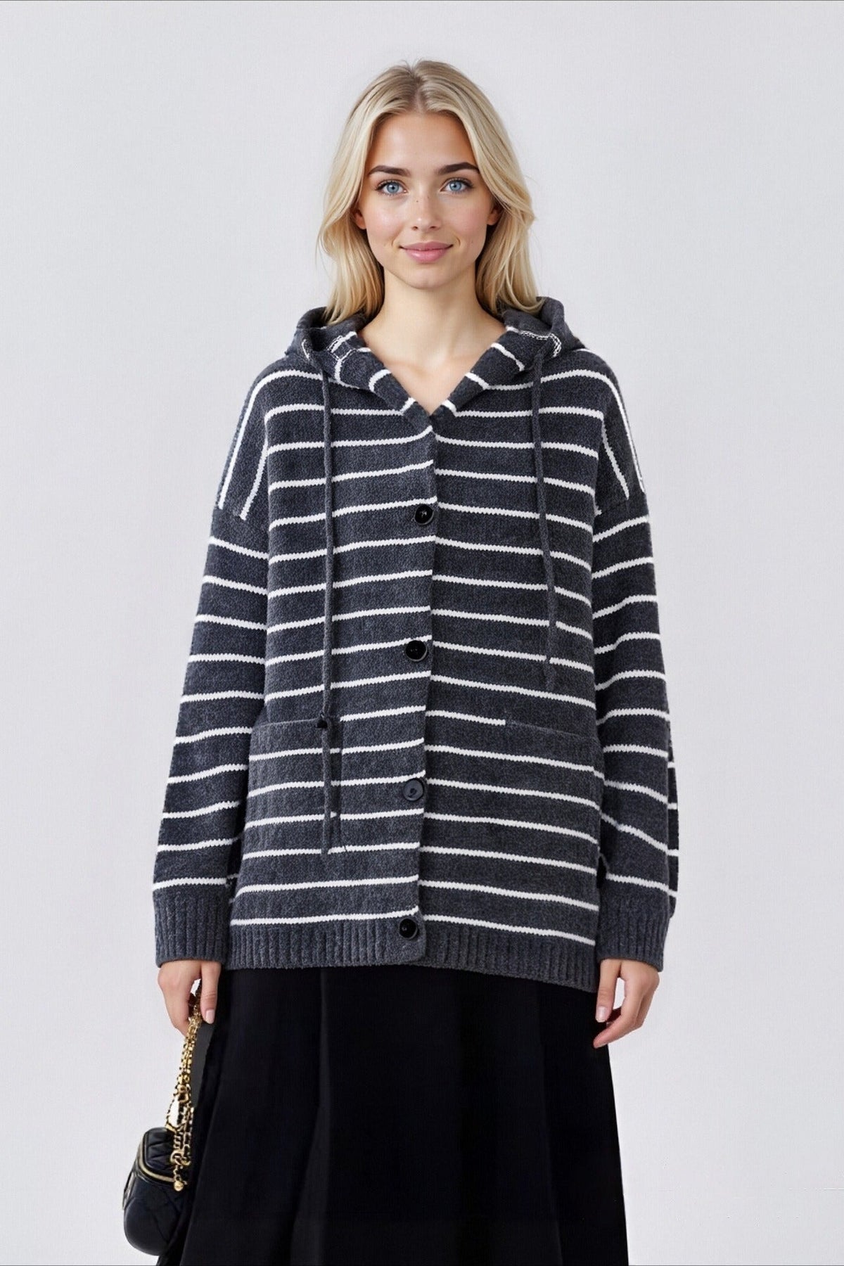 Stripe Hooded Retro Drawstring Pocket Knit Cardigan