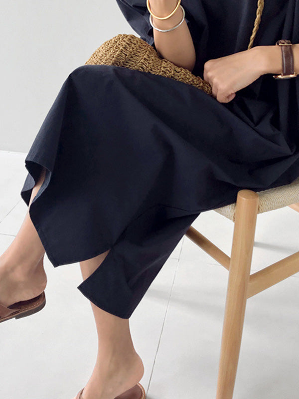 Causal Pleated Raglan Sleeve V-neck Midi Dress