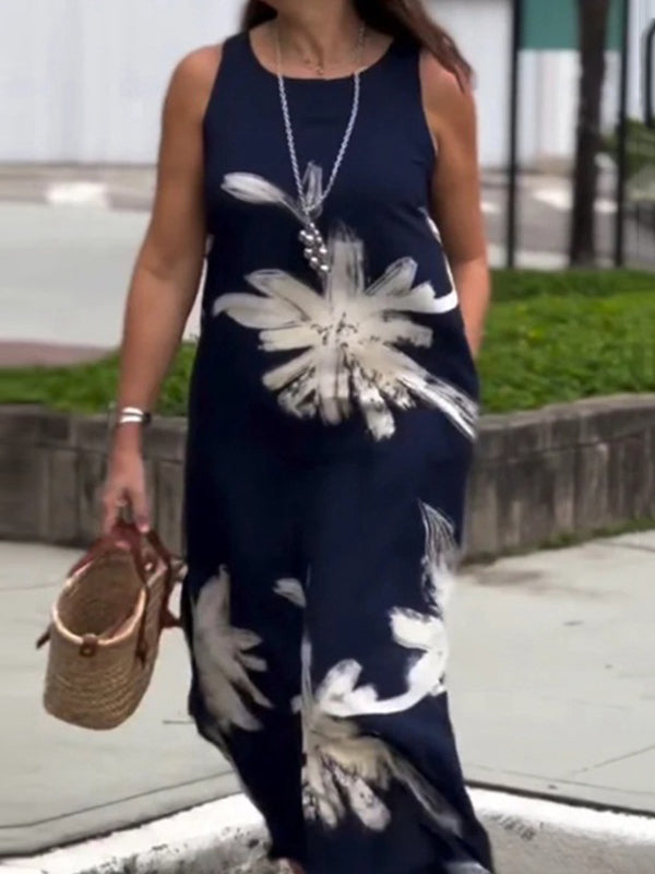 High Waisted Loose Flower Print Pockets Round-neck Midi Dresses