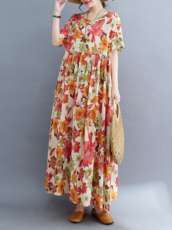 Loose Short Sleeves Pleated Printed Split-joint Round-neck Midi Dresses