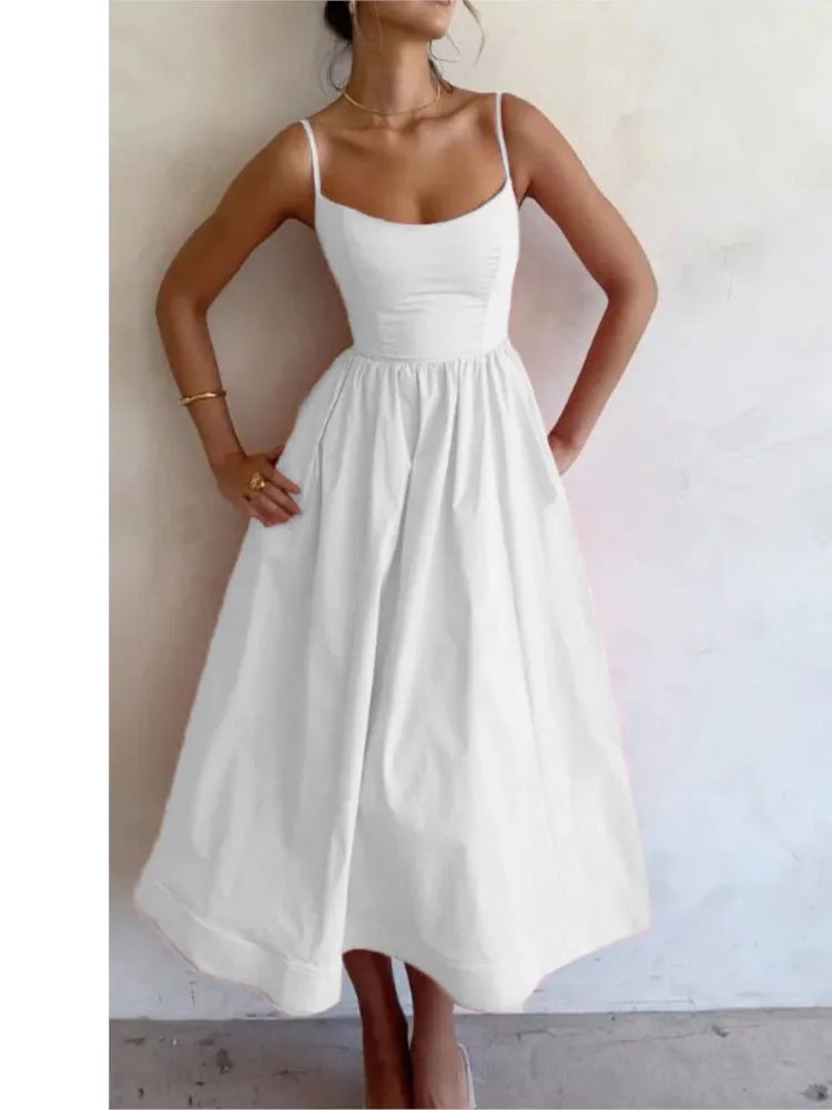 Spaghetti Strap A-line Maxi Dresses Low Cut Sleeveless Big Skirt Dress Summer New Party Vestido
