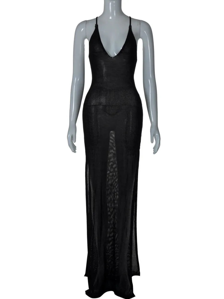Deep V Neck Backless Maxi Dress Black Spaghetti Strap Sleeveless Side Split Club Party Long Dress Beachwear