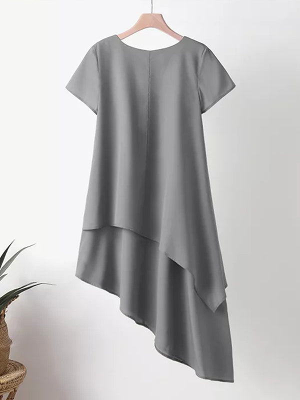 Short Sleeves Asymmetric Color Split-joint Round-neck Midi Dresses