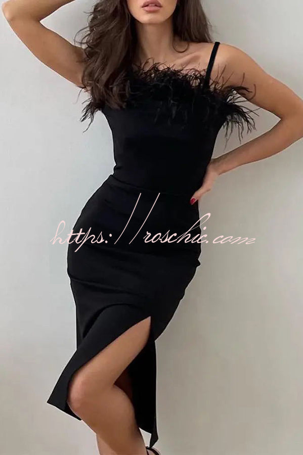 Find the Spotlight Feather Trim High Slit Party Dress