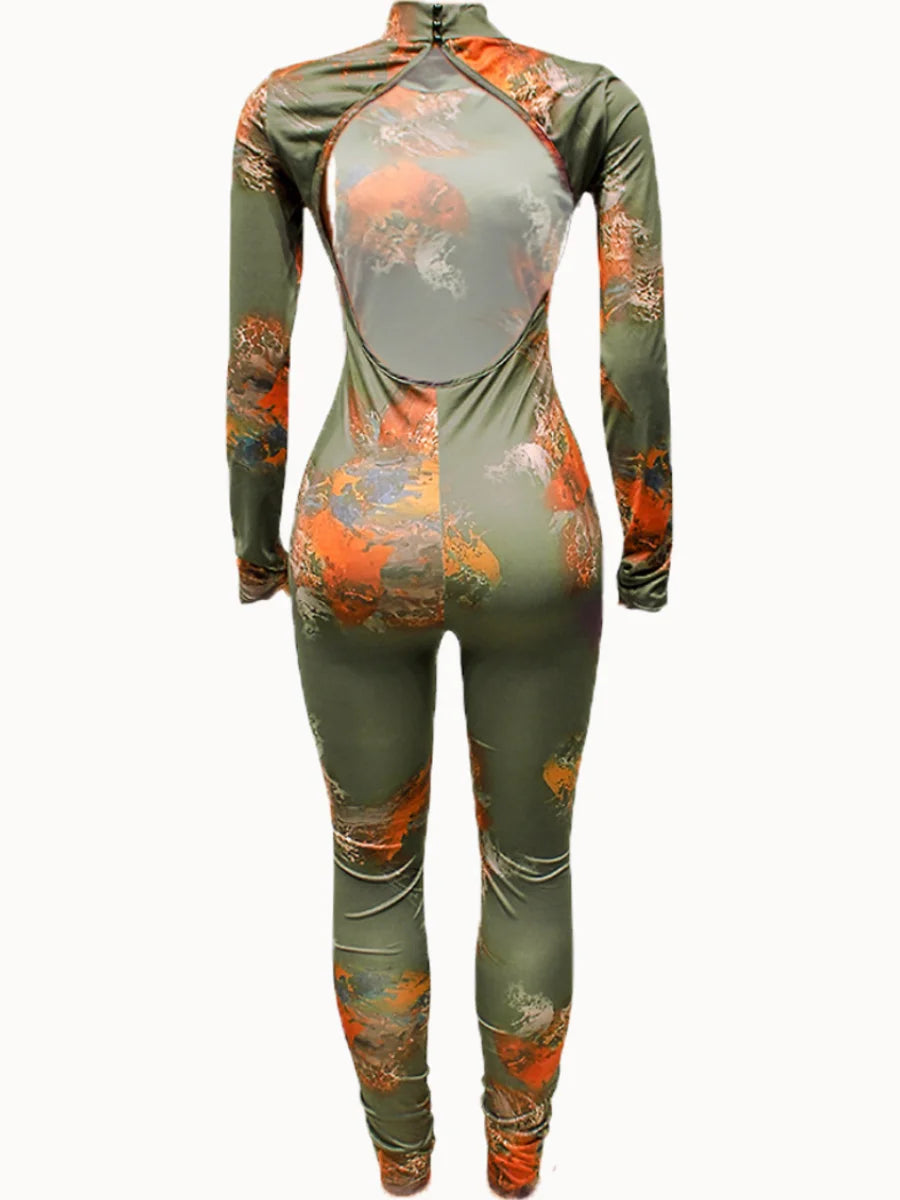 Sxy Graffiti Print Backless Skinny Jumpsuit Spring Round Neck Long Sleeve One Pieces Jumpsuits Outfit for