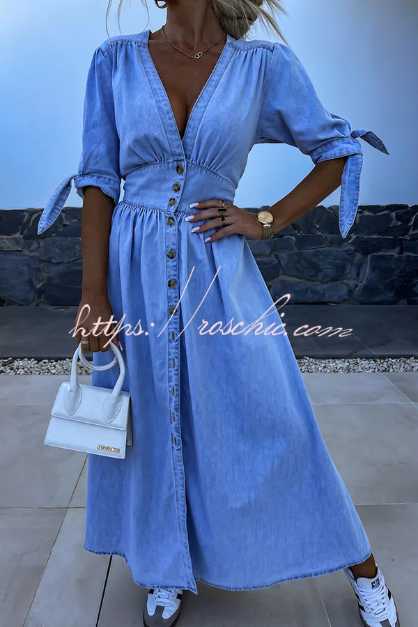 Color V-neck Button-down Denim Midi Dress