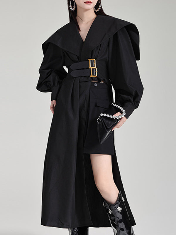 High Waisted Long Sleeves Asymmetric Belted Pleated Color Lapel Midi Dresses