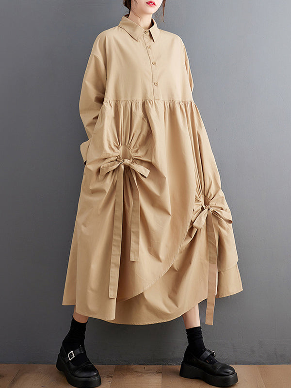 A-line Long Sleeves Buttoned Pleated Pockets Color Tied Lapel Midi Dresses Shirt Dress