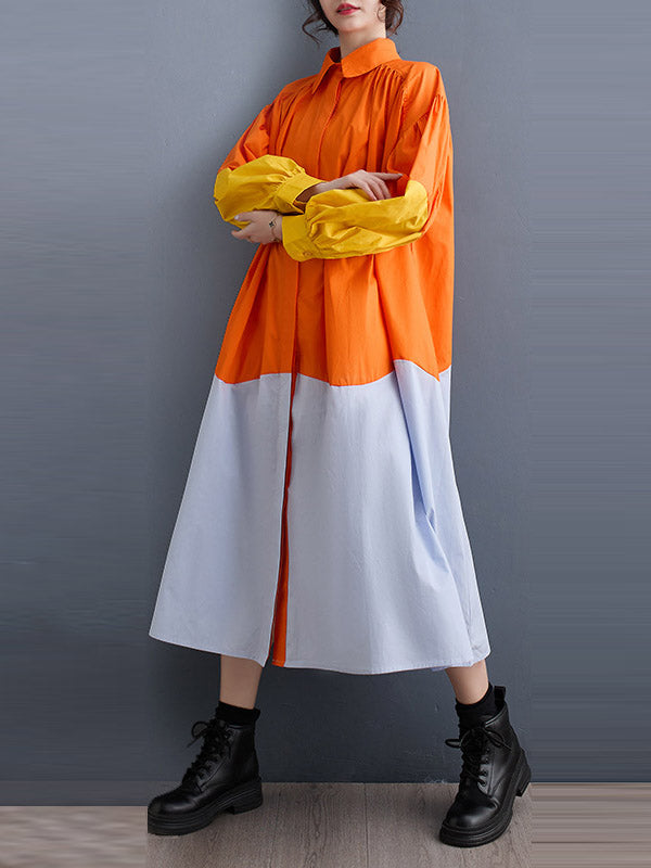 Loose Puff Sleeves Contrast Color Pleated Split-joint Lapel Midi Dresses Shirt Dress