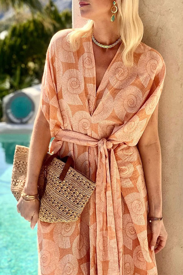 Conch Print V-neck Lace-up Beach Midi Dress