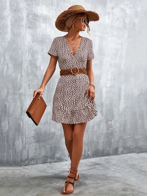 Summer Short Dress V Neck Print Party Dress Flower Mini Dress for