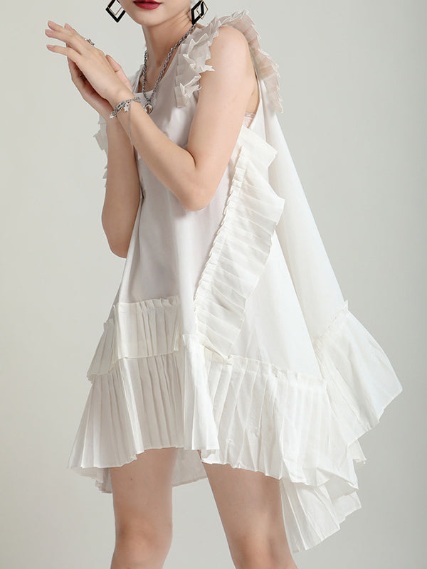 Flying Sleeves Loose Asymmetric Pleated Color Split-joint Round-neck Midi Dresses