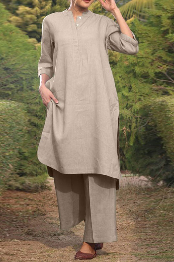 Cotton and Linen V-neck 3/4 Sleeve Wide Brimmed Pants 2-piece Set