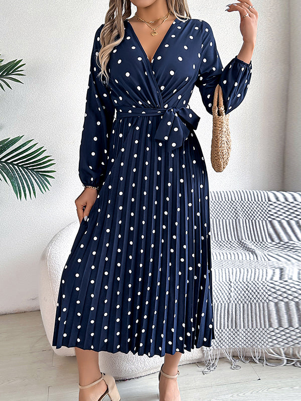 A-line High Waisted Elasticity Pleated Polka-dot Split-joint Tied Waist V-neck Midi Dresses Shirt Dress