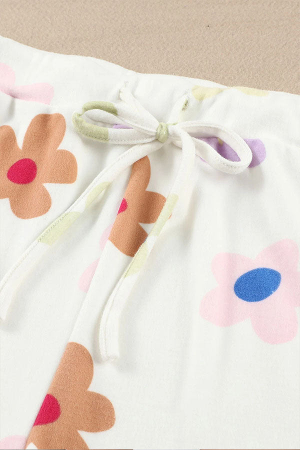 White Print Henley Top \u0026 Drawstring Shorts Loungewear Set