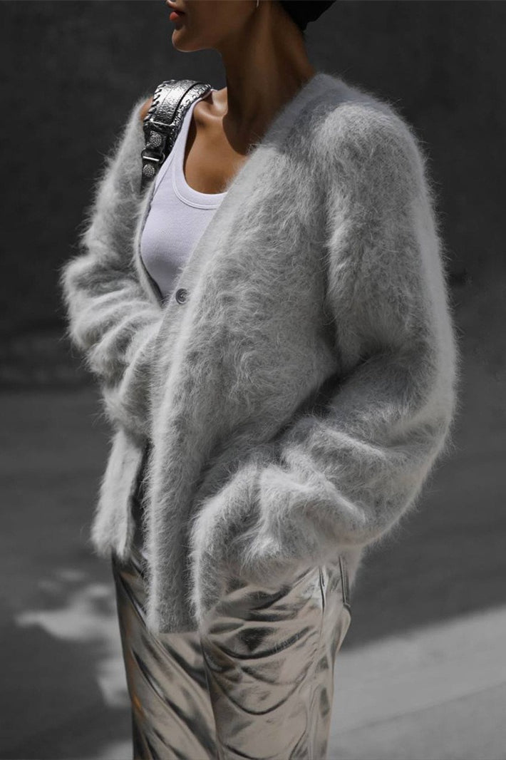 V-neck Fluffy Knit Cardigan Sweater