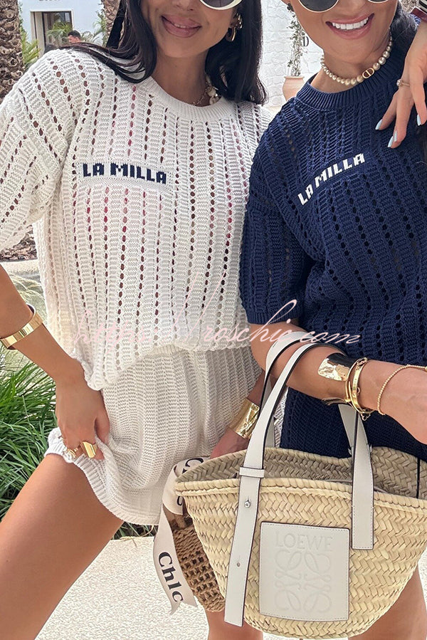 Fashionable Hollow Knit Short-sleeved Top and Elastic High-waist Shorts Set