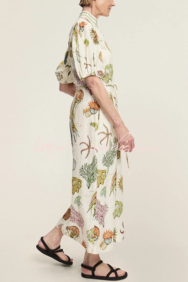 Beach Shell Print Puff Sleeve Tie-waist Midi Dress