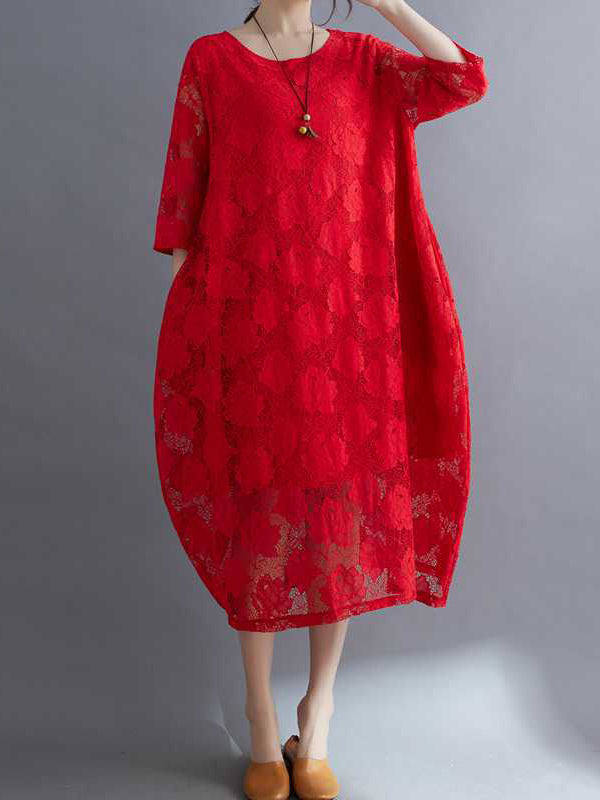 Half Sleeves Loose Hollow Color Round-neck Midi Dresses