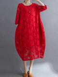 Half Sleeves Loose Hollow Color Round-neck Midi Dresses