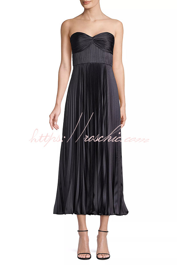 Love Note Satin Sweetheart Twist Off Shoulder Pleated Maxi Dress