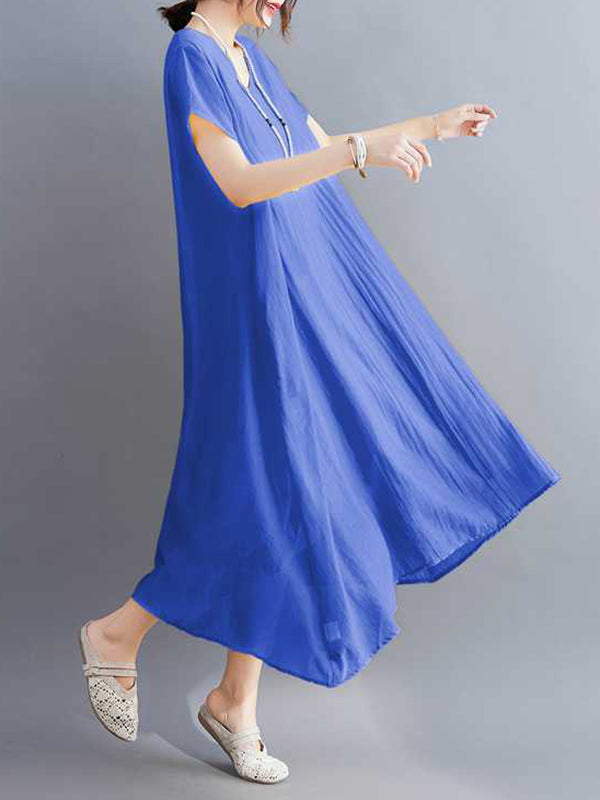A-line Loose Color V-neck Midi Dresses