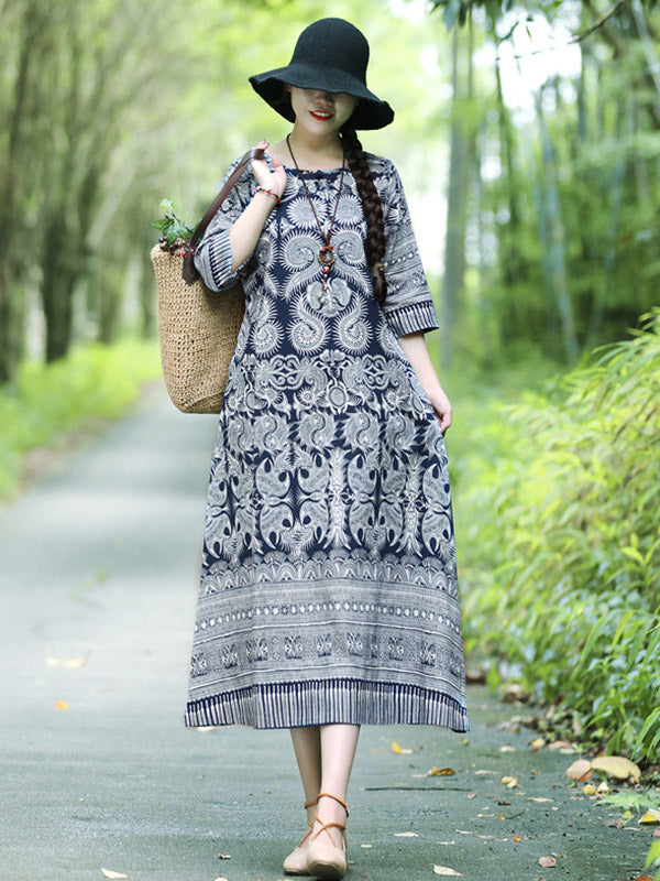 Cotton Blend Printing Midi Dresses
