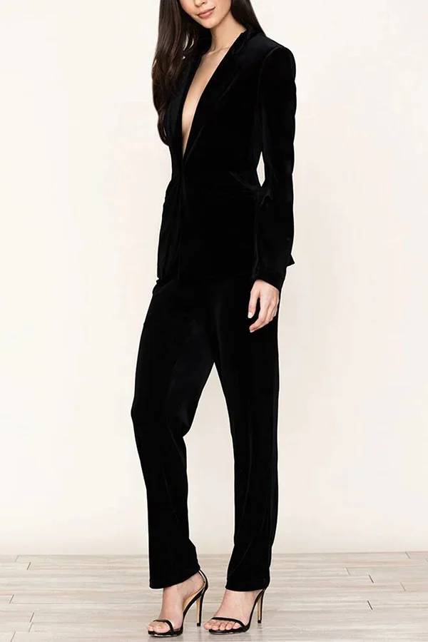 Color Velvet Long-sleeve Blazer and Elastic Waist Pocket Pants Set