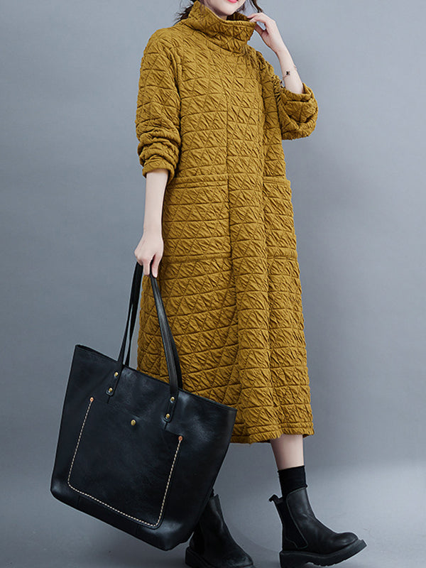 Long Sleeves Loose Color Textured High-neck Cotton Padded Midi Dresses