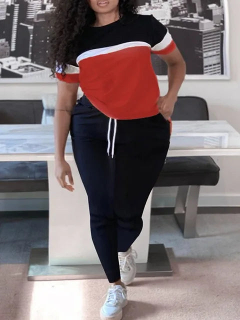 Patchwork Drawstring Pants Set Color Block Skinny Short Sleeve Trousers Two Pieces Matching Suits Outfit